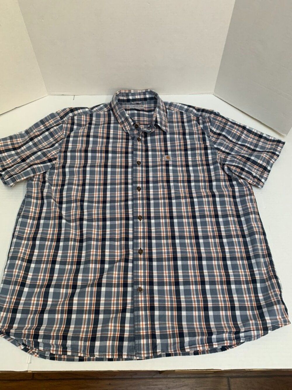 Carhartt Mens Size 2XL Cotton Button Down Blue and Orange Plaid Shirt Top